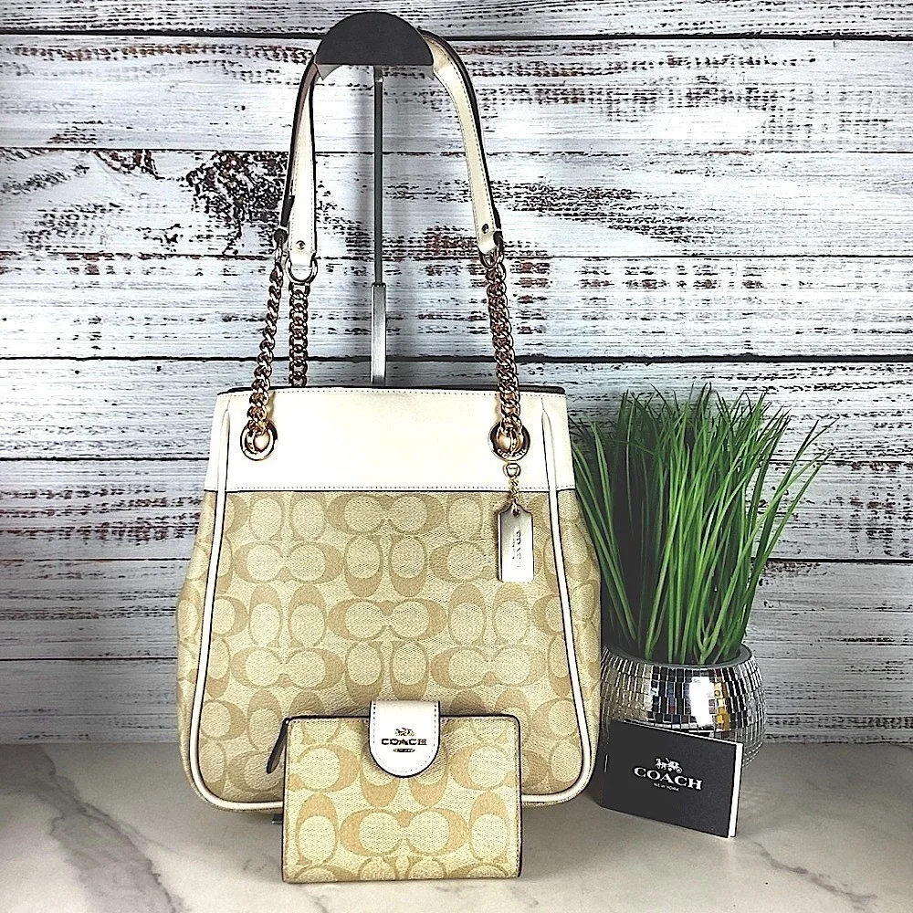 Coach Cammie Chain Bucket Signature‎ Khaki Chalk Shoulder Bag Wallet Set Purse - Picture 2 of 15